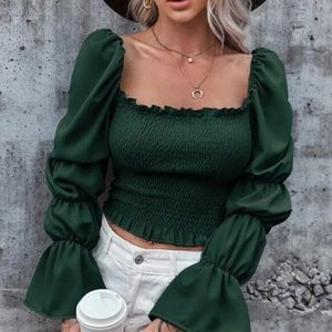 Puff Sleeves Dark Green Crop Top holiday top